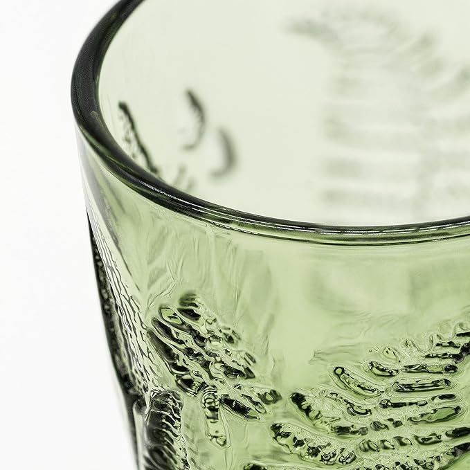 Vintage Green Drinking Glass, 16 oz Hand-Pressed Deep Textured Glass Cup, Fern Embossed Retro Glassware, Decorative Tumbler for Water, Cocktails & Juice, Boho Colored Kitchen Drinkware, Unique Gift