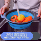 Round Silicone Blue Colander Collapsible – Foldable Kitchen Strainer Small Collapsible Colander Blue with Plastic Handles for Draining Vegetable and Fruit Round Silicone Kitchen Strainer for Pasta
