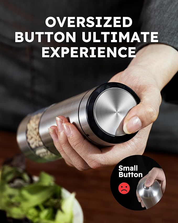 FORLIM Electric Salt and Pepper Grinder Set, Upgraded Washable, Batteries Powered Automatic One-Handed Operation with LED, Adjustable Coarseness Pepper and Salt Grinder Refillable, Stainless Steel
