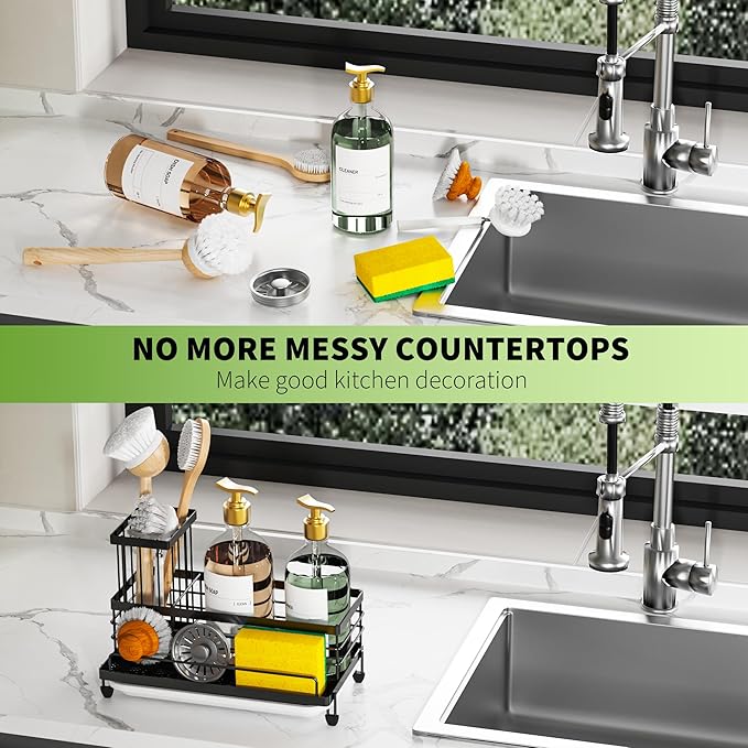 Cisily Large Capacity Kitchen Sink Caddy Organizer, Rustproof Non-Slip Sponge Holder With Dish Brush Holder Organizer, Kitchen Organization and Storage, Essentials Accessories for Countertop