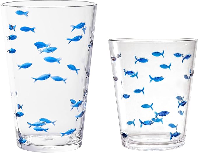 KLIFA- CHARLESTON- 16.5 & 19 oz, Set of 8, School of Fish Acrylic Drinking Glasses, BPA-Free, Stackable Plastic Drinkware, Dishwasher Safe Cups, Clear with Dark Blue Printing