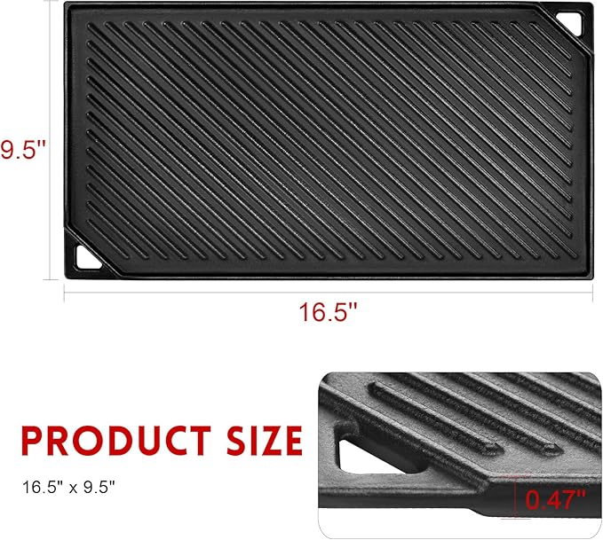 GGC Reversible Cast Iron Griddle, Double-sided Griddle Pan for Stove Tops, Gas Grills and Outdoor Cooking, 16.5 x 9.5 Baking Flat and Ribbed Griddle Plate