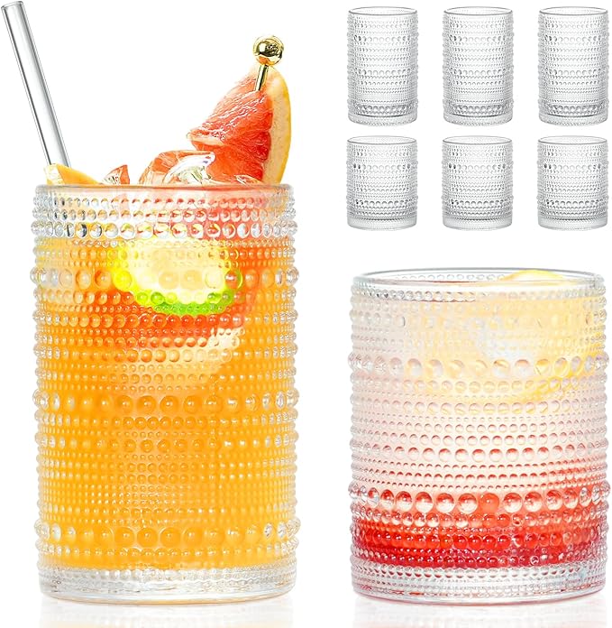 Hobnail Drinking Glasses with Straws, 15 oz & 12 oz Vintage Drinking Glasses Set of 8, Embossed Glasses Drinking Set, Textured Glass Cups for Kitchen, Beer, Juice, Cocktail, Whiskey, Milk