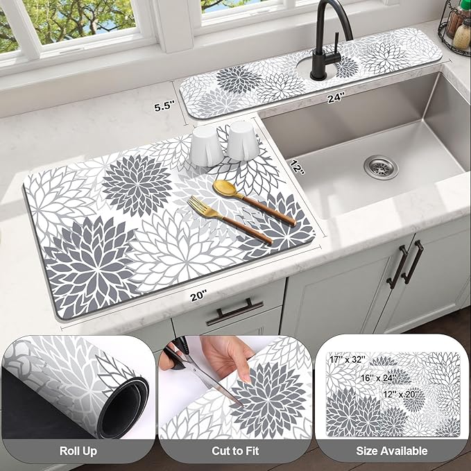 Findosom 2PCS 12" x 20" Dish Drying Mat & 24" x 5.5" Sink Splash Guard, Super Absorbent & Cuttable Dish Mat Drying Kitchen Mat with Gray Floral, Hide Stain Drying Mat for Kitchen Counter