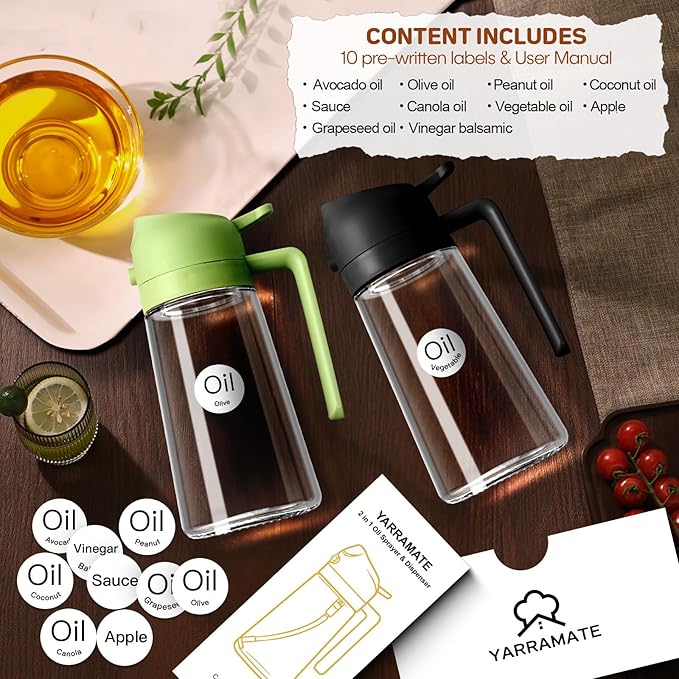 YARRAMATE 16oz/470ml Glass Olive Oil Sprayer for Cooking with Stickers, 2 in 1 Oil Dispenser for Kitchen Gadgets, Food Grade Premium Spray Bottle with Portion Control for Salad, Frying, BBQ (Green)