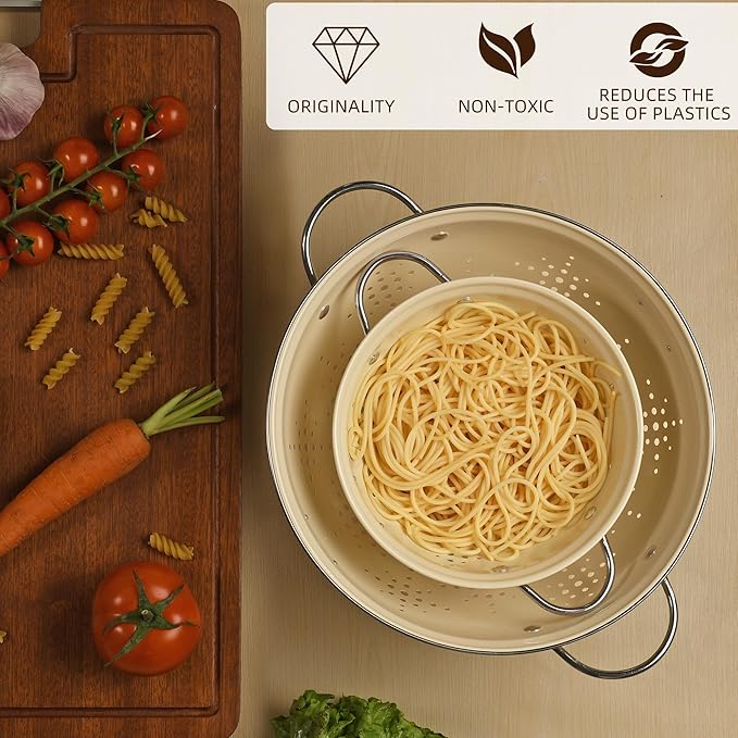Metal Colander 2 Pack, Strainer Bowel with Handles 2Qt & 6Qt Powder Coated Solid Ring Base Heavey Duty Kitchen Drainer Basket for Pasta Veggies and Fruits,New Home Apartment Essentials (Almond Cream)