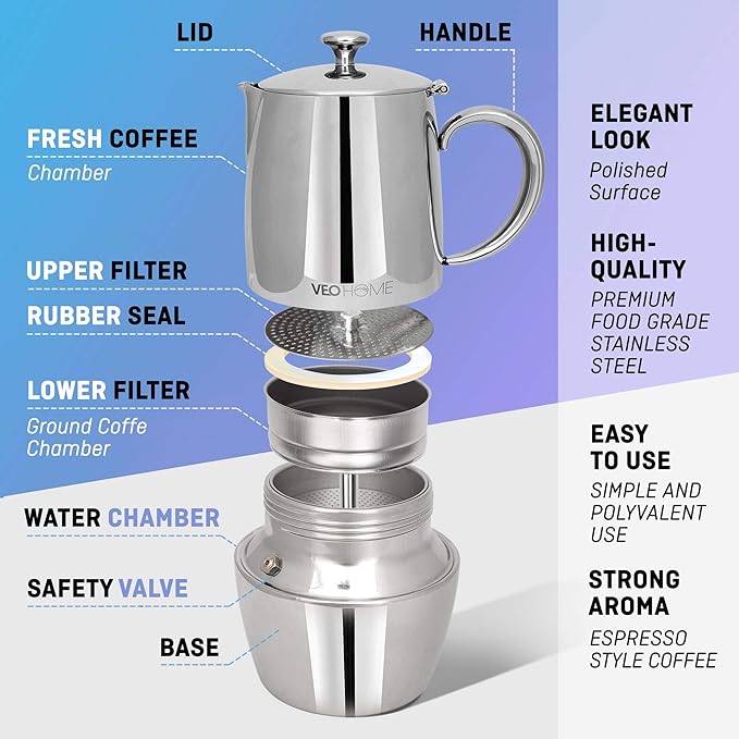VeoHome Stovetop Espresso Coffee Maker - l Multi-Stove Stainless Steel Induction Moka Pot (300 mL)