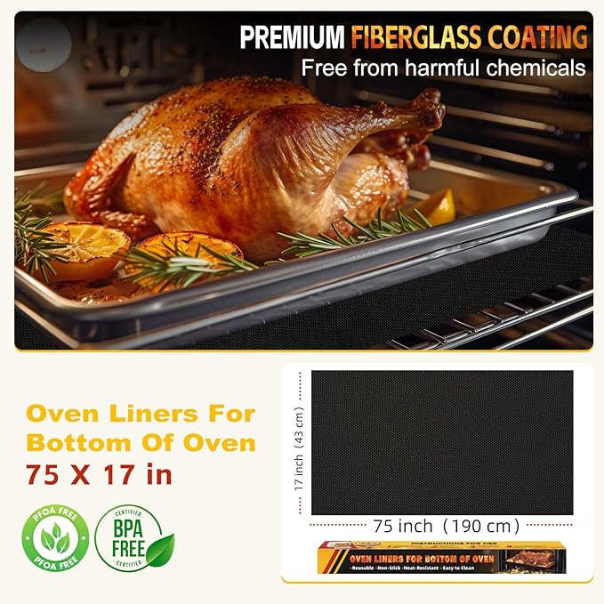 Large Oven Liners for Bottom of Oven, 17"x75" Heavy Duty Non-Stick Oven Liner Mat, Reusable Heat Resistant Grill & Baking Mat, BPA/PFOA Free Roaster Liners, Fits Electric, Gas, Toaster Ovens (Black)