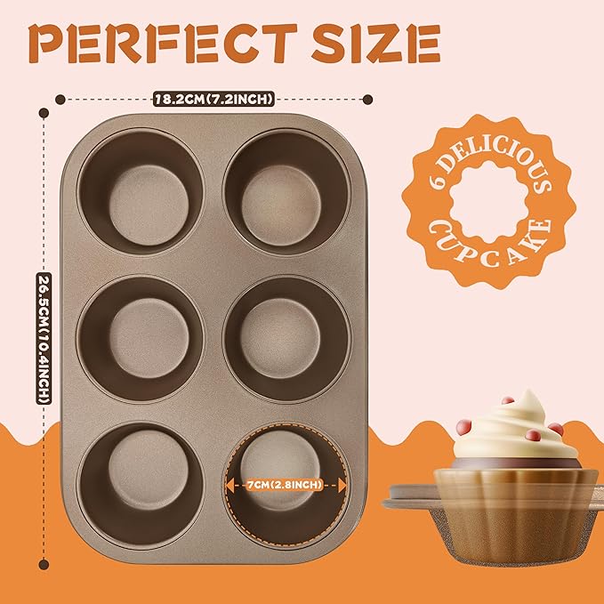 Satax Muffin Pan for Baking, Nonstick Cupcake Tin 6 Cup,sets of 2,Heavy Duty Steel Muffin Pan (Gold, 6-cup)