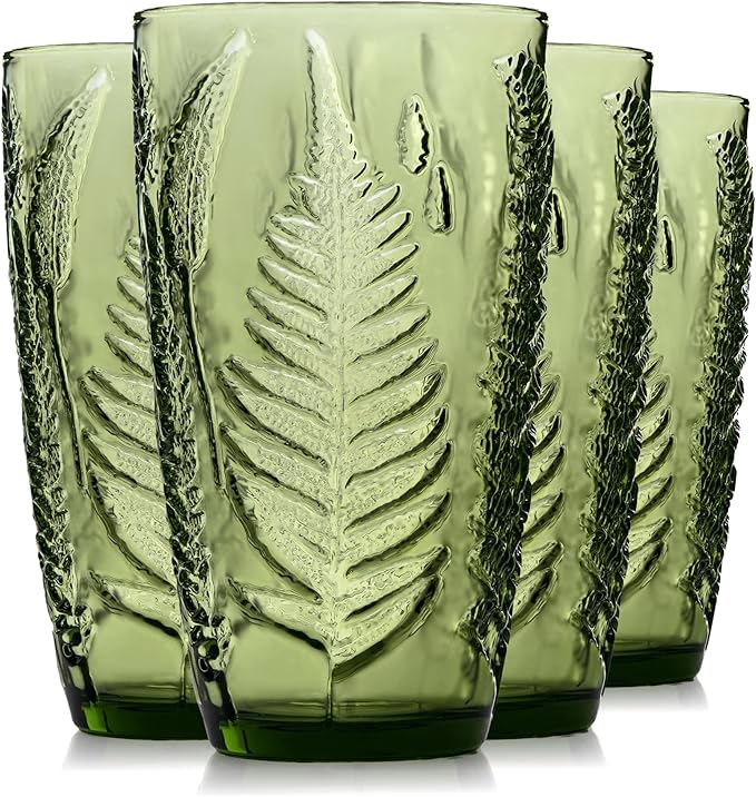 Vintage Green Drinking Glasses Set of 4, 16 oz Handcrafted Glass Tumblers, Heavy Textured Highball Cups, Fern Embossed Antique Colored Glassware, Retro Boho Aesthetic Drinkware, Housewarming Gift Set