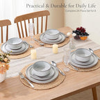 E-far Stoneware Dinnerware Sets for 8, 24 Pieces Reactive Glaze Plates and Bowls Sets, Elegant Dishes with Rustic Terracotta Clay Base, Dishwasher & Microwave Safe, Scratch Resistant, Glacier White