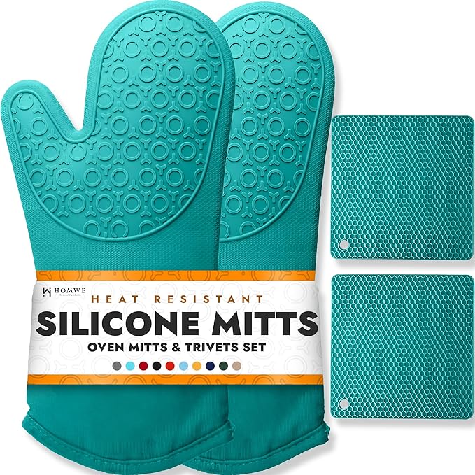 HOMWE Silicone Oven Mitts and Pot Holders, 4-Piece Set, Heavy Duty Cooking Gloves, Kitchen Counter Safe Trivet Mats, Advanced Heat Resistance, Non-Slip Textured Grip (Aqua Turquoise)