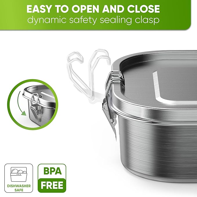 Blockhütte Stainless Steel Lunch Box for Adults I 47oz I Bento Box 3 Compartments with free Sealing, Leak-Proof Container, Metal Lunchbox for Travel, Work, Eco-Friendly Meal Storage Solution