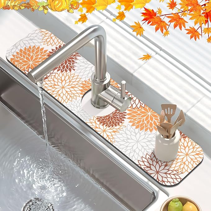 Findosom 2PCS 12" x 20" Fall Dish Drying Mat & 24" x 5.5" Sink Splash Guard, Super Absorbent & Cuttable Dish Mat Drying Kitchen Mat with Orange Floral, Hide Stain Drying Mat for Kitchen Counter
