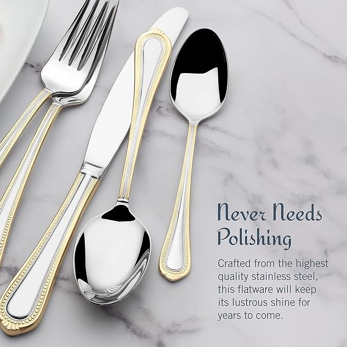 Mikasa, Gold Accent Regent Bead Flatware Service for 12, 65 Piece Set, 18/10 Stainless Steel, Silverware Set with Serving Utensils