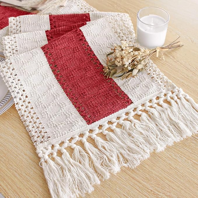 FEXIA Christmas Table Runner for Home Decor with Tassels 72 Inches Long Farmhouse Red Rustic Boho Table Runner Macrame Burlap Table Decoration for Living Room Bridal Shower(12x72 Inches)