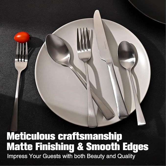 KINGSTONE Silverware Set for 8, 40-Piece 18/10 Stainless Steel Flatware Set,Forged Cutlery Set Matte Satin Finish, Dishwasher Safe