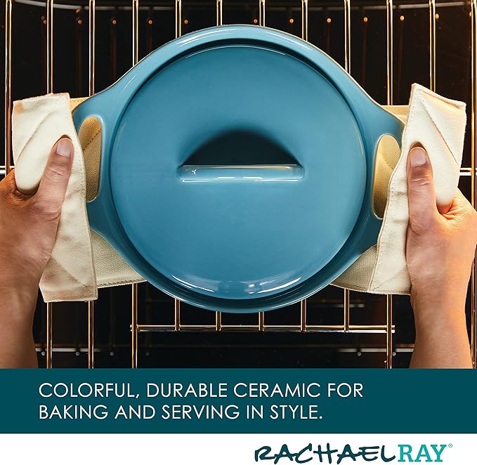 Rachael Ray Solid Glaze Ceramics Casserole Bakeware/Baker Set with Shared Lid, 3 Piece, Agave Blue