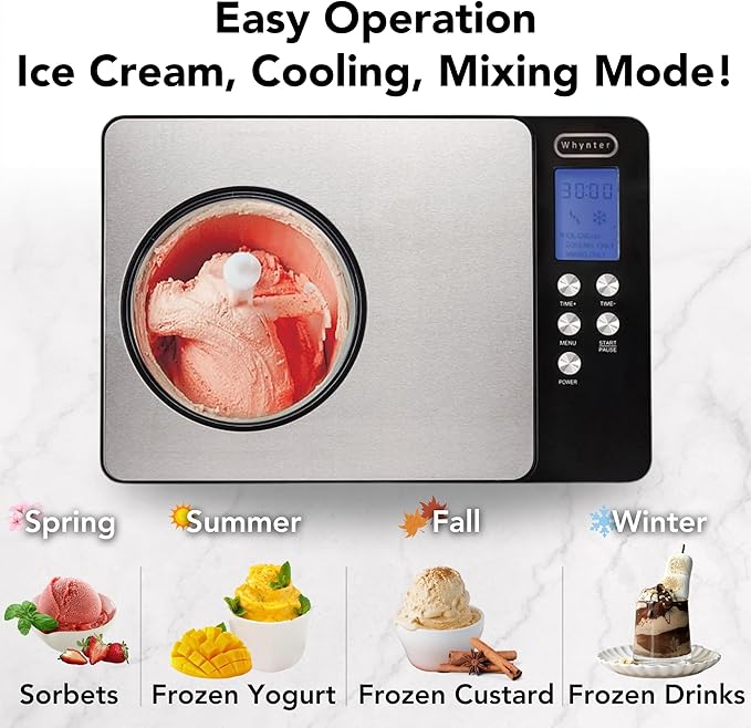 Whynter Ice Cream Maker Machine Automatic 2.1 Qt. with Built-In Compressor, LCD Digital Display & Timer, No Pre-Freezing, ICM-200LS, Stainless Steel