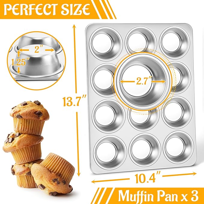 E-far 12-Cup Muffin Pan Set of 3, Stainless Steel Cupcake Pan Tins, Non-Toxic Metal Cupcake Tray for Baking Small Muffin Cakes, Heavy Duty & Regular Size, Rust Free & Dishwasher Safe