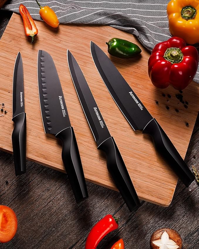 Astercook Knife Set, Kitchen Knife Set with Built-in Sharpener Block, Dishwasher Safe, 15 Pieces German Stainless Steel Knife Block Set, Black