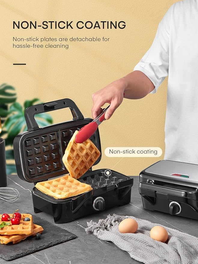 FOHERE Sandwich Maker 3 In 1 Waffle Maker With Removable Plates,1200W Grilled Cheese Maker, 5-gear Temperature Control, Non-stick Coating Easy to Clean, Indicator Lights, Silver/Black