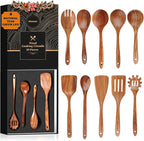 Mooues Wooden Spoons for Cooking, Wooden Utensils for Cooking Natural Teak Wooden Kitchen Utensils Set Comfort Grip(10 PCS SET GIFT BOX)