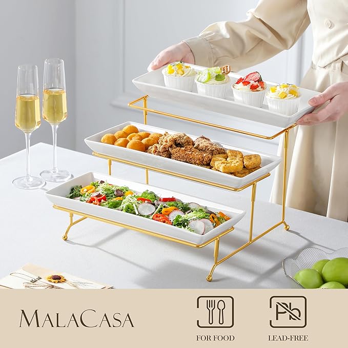 MALACASA 3 Tier Serving Trays for Party, 14 Inch Porcelain White Trays for Serving Food, Dessert Stand with Collapsible Gold Metal Rack