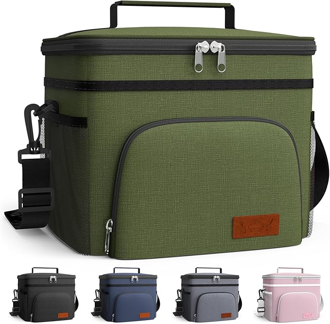 HOTOR Insulated Lunch Box for Men & Women - Leak-Proof Cooler Lunch Bag with 4 Pockets, Adjustable Strap, Ideal for Work, Picnic, Travel - Large, Cationic Green, 13.0"×7.9"×9.1"