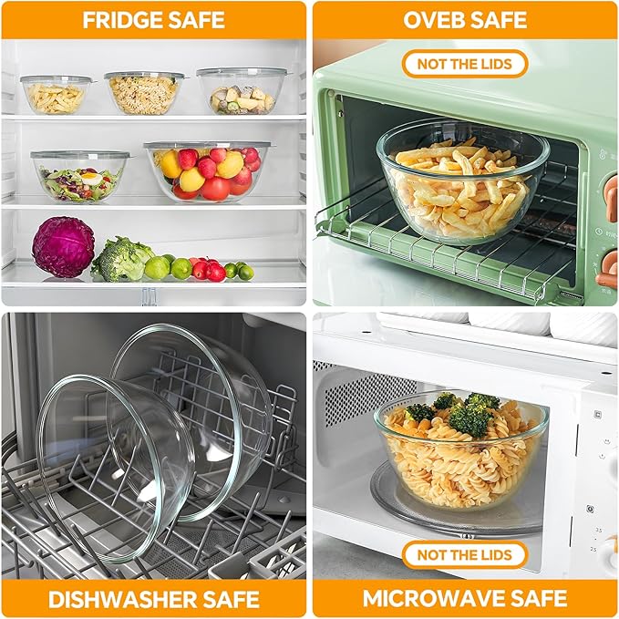 Glass Mixing Bowls with Lids Set of 5(4.78QT,2.2QT,1.7QT,1.1QT,0.85QT),Thick Glass Nesting Bowls for Kitchen Baking,Cooking Prep,Storage,Serving,Large Salad Bowls,Dishwasher Microwave Freezer Safe