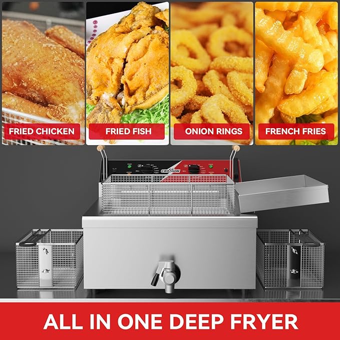 CROSSON 24Lbs Electirc Triple Basket Turkey Fryer With Oil Drain Spout,Oil Drain Rack,Commercial Countertop Donut Deep Fryer To Fry a Whole Fish or Turkey