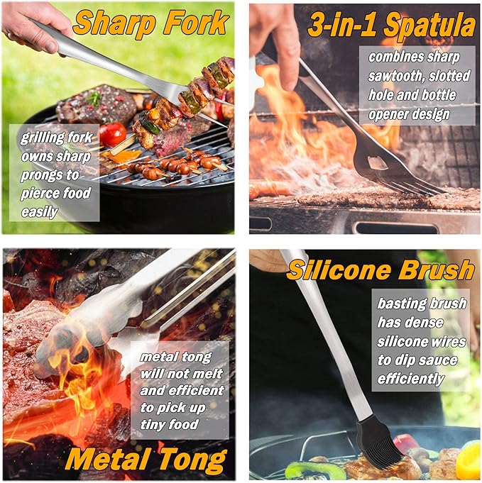 Leonyo Grill Tools Set of 6, 18Inch Extra-Long BBQ Tool Set, Heavy-Duty Barbecue Grilling Accessories, Stainless Steel Spatula, Fork, Tong, Basting Brush, Cleaning Brush, Carrying Bag
