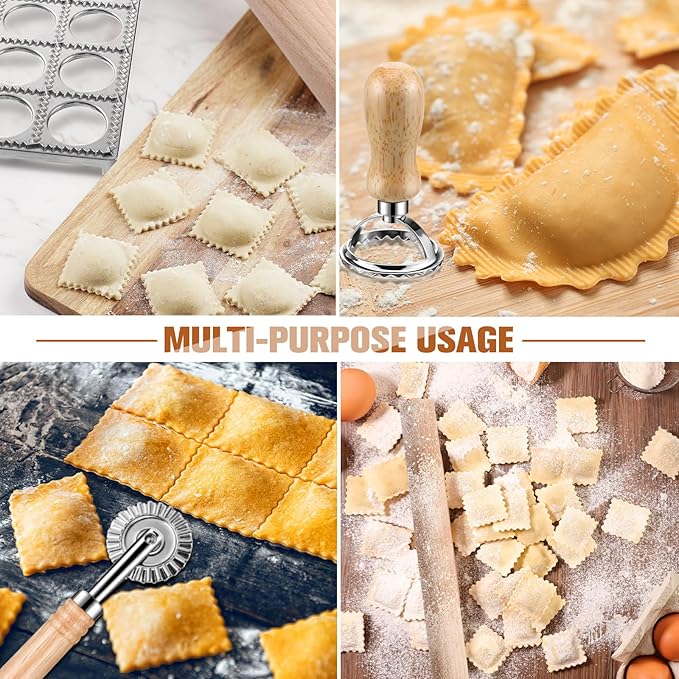8 Pieces Ravioli Mold Set, ravioli cutter, Ravioli Maker Cutter with Roller Wheel, Ravioli Cutter Set with Wooden Handle, Pasta Making Kit for Ravioli Press Mold. Suitable for home and restaurant us