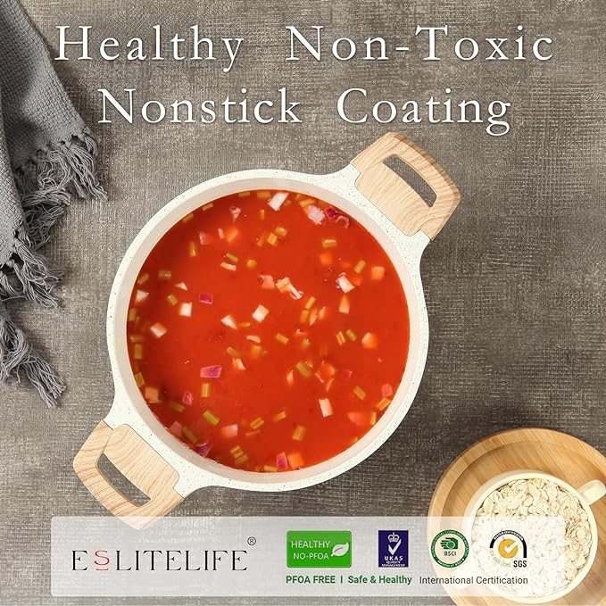 ESLITE LIFE Nonstick Stock Pot with Lid, 3 Quart Granite Casserole Small Soup Pot Pasta Cooking Pot, Induction Compatible, PTFE & PFOA Free, White