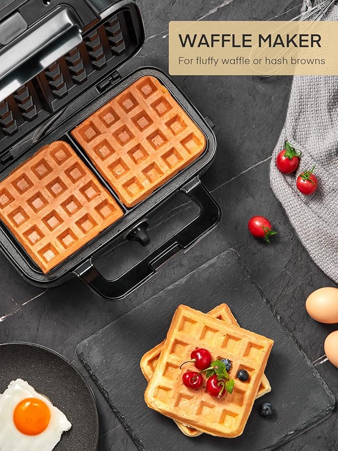 FOHERE Sandwich Maker 3 In 1 Waffle Maker With Removable Plates,1200W Grilled Cheese Maker, 5-gear Temperature Control, Non-stick Coating Easy to Clean, Indicator Lights, Silver/Black