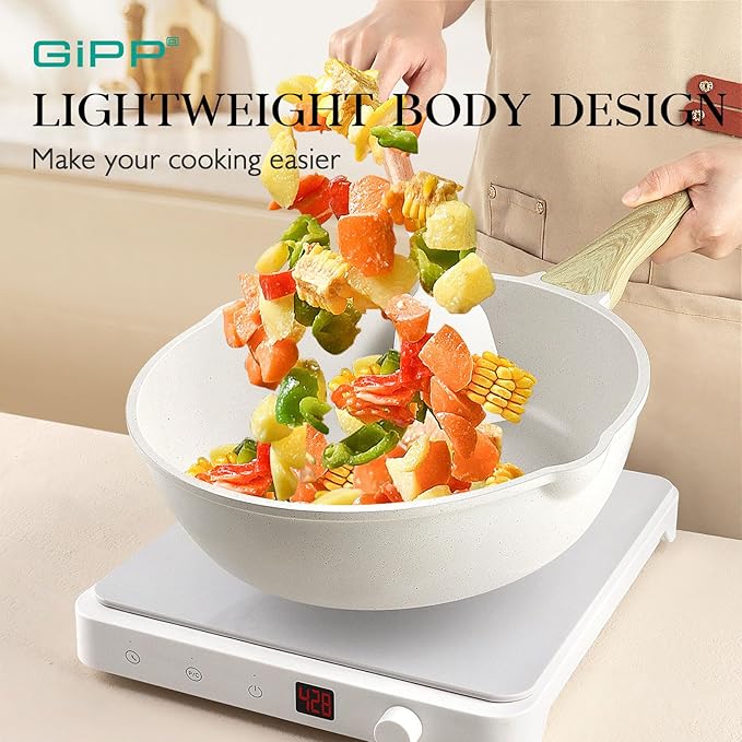 GiPP Pots and Pans Set Non Stick - 14 Pcs White Granite Kitchen Cookware Sets Nonstick Induction Cookware Cooking Pan Set with Frying Pans, Saucepans and Silicone Utensils, PFOS & PFOA Free