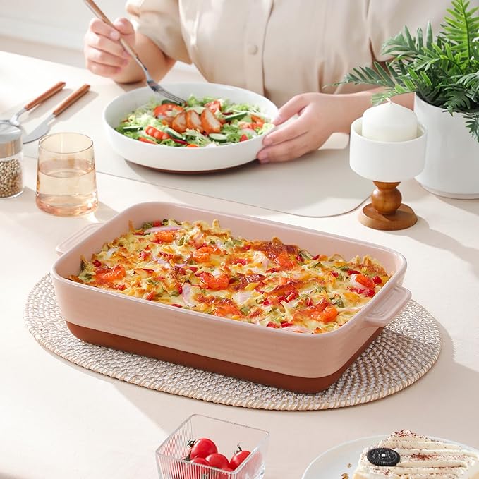 MALACASA 4.8 Qt Ceramic Oven Dish with Handles, 9 x 13 Inch Baking Dish Casserole Dishes, Deep Rectangular Lasagne Dishes Bakeware for Roasting (Khaki & Pink), Series TARA