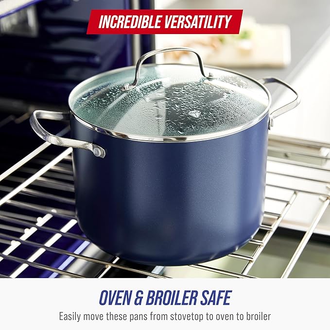 Blue Diamond 8QT Nonstick Stockpot with Glass Lid, PFAS-Free Ceramic, Multipurpose Cooking, Sauces & Soups, Pasta, Boiling & Canning Pot, Dishwasher & Oven Safe, Stainless Steel Handles, Navy