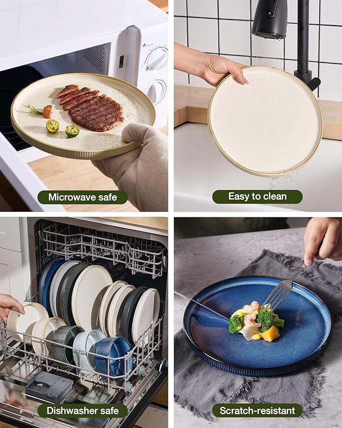 Famiware Star 16-Piece Stoneware Dinnerware Sets with Trim, Service for 4 - Shallow Pasta Bowls & Flat Plates, Modern Rustic Ribbed Dishes, Chip & Scratch Resistant, Microwave & Dishwasher Safe, White