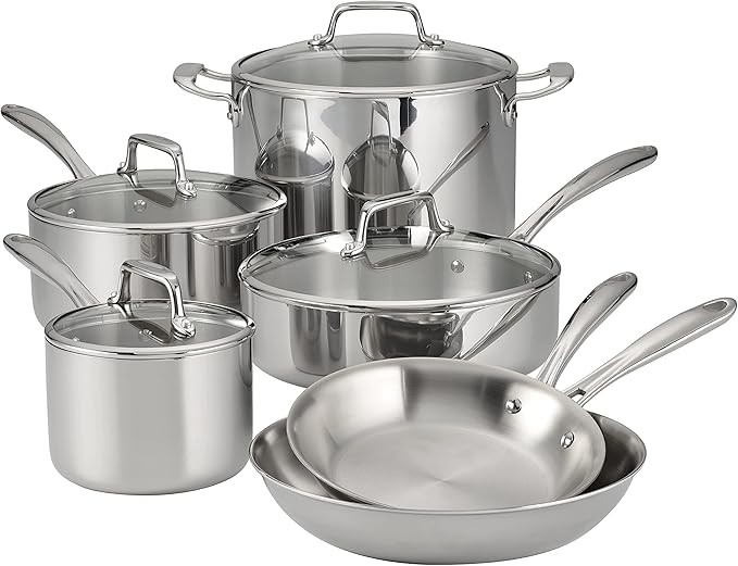 Tramontina Tri-Ply Clad Stainless Steel 10-Piece Cookware Set with Glass Lids, Pots and Pans Kitchen Set, Induction-Ready, Dishwasher-Safe, NSF-Certified