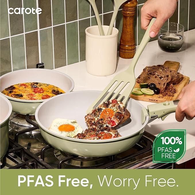 CAROTE 27pcs Ceramic Cookware Set Nonstick, Pots and Pans Set Non Stick, Non Toxic Cookware Detachable Handles, Dishwasher/Oven Safe, RV/Camping Cookware, Pan and Pot with Kitchen Utensils, Green