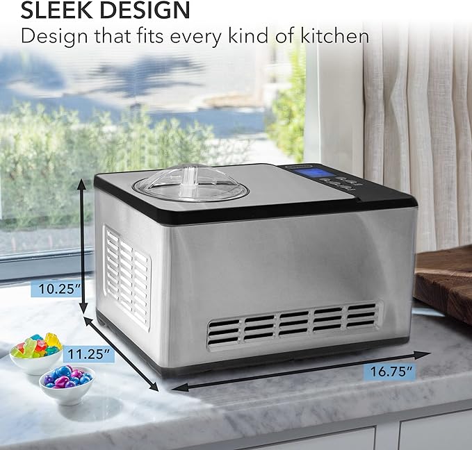 Whynter Ice Cream Maker Machine & Yogurt Automatic 2 Qt. with Built-In Compressor, LCD Digital Display & Timer, No Pre-Freezing, ICM-220SSY, Stainless Steel