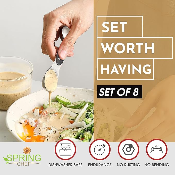 Spring Chef Stainless Steel Magnetic Measuring Spoons Set of 8 with Leveler, Dual Sided Metal Teaspoon & Tablespoon Measuring Spoons - Kitchen Gadgets For Baking and Cooking, Gray