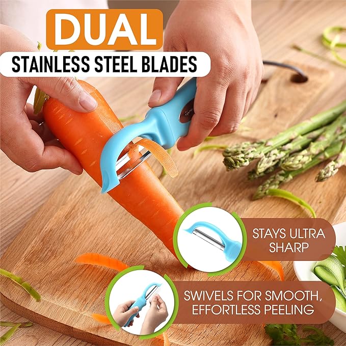 Spring Chef Premium Stainless Steel Vegetable Peeler for Kitchen, Dishwasher Safe Potato Peelers with Non-Slip Handle, Peel Apple, Fruit, Veggie, Carrot, Mango - Set of 2 - Aqua Sky