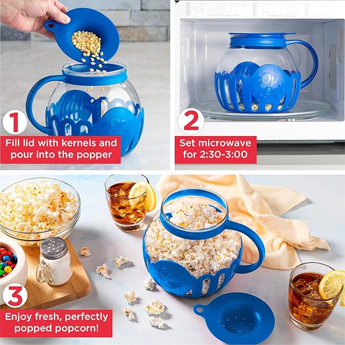 Ecolution Patented Micro-Pop Microwave Popcorn Popper with Temperature Safe Glass, 3-in-1 Lid Measures Kernels and Melts Butter, Made Without BPA, Dishwasher Safe, 3-Quart, Blue