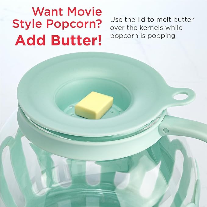 Ecolution Patented Micro-Pop Microwave Popcorn Popper with Temperature Safe Glass, 3-in-1 Lid Measures Kernels and Melts Butter, Made Without BPA, Dishwasher Safe, 3-Quart, Aqua