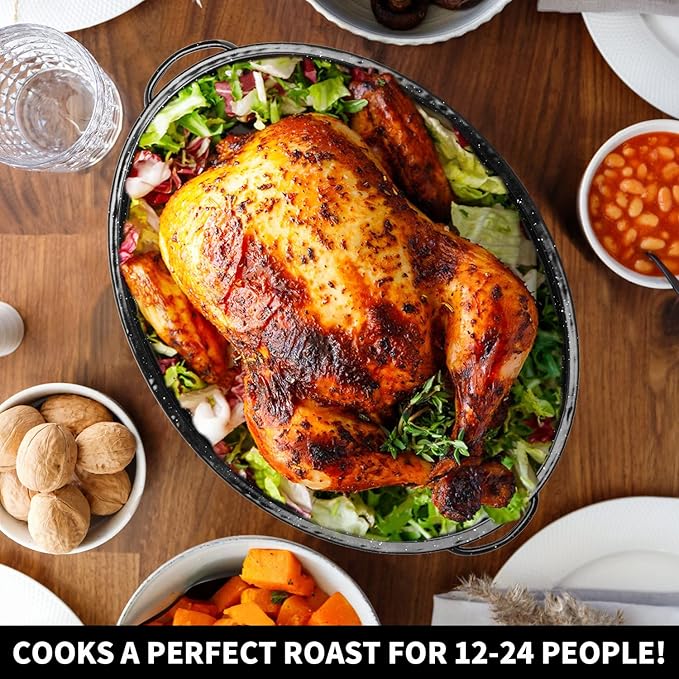 DIMESHY 18Inch Roasting Pan, Enamel on Steel, Black Covered Oval Roaster Pan with Lid, Large Cookware for Turkey, Small Chicken, Roast Baking Pan.