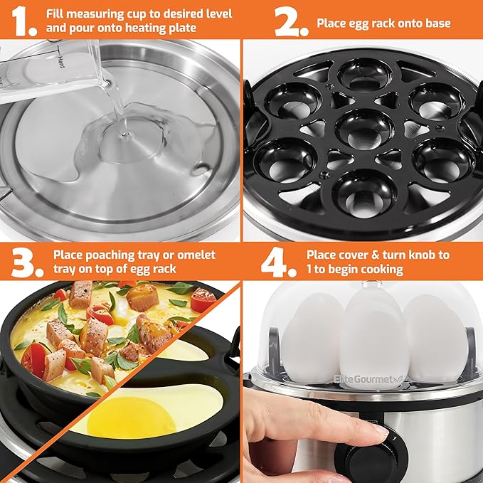 Elite Gourmet EGC724SS Easy Electric Poacher, Omelet Eggs & Soft, Medium, Hard-Boiled Egg Boiler Cooker with Auto Shut-Off and Buzzer, Measuring Cup Included, BPA Free, 7, Stainless Steel