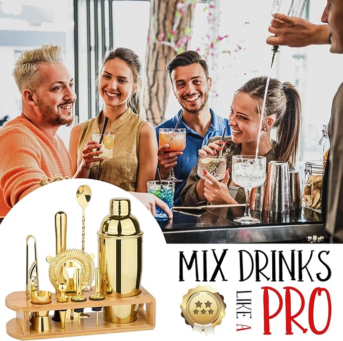 Cocktail Shaker Set Bartender Kit : 12-Piece Bar Tool Set with Bamboo Stand | Bars Set with All Practical Bar Accessories, for Drink Mixing, Bar, Home, Lounge & Party (Gold)