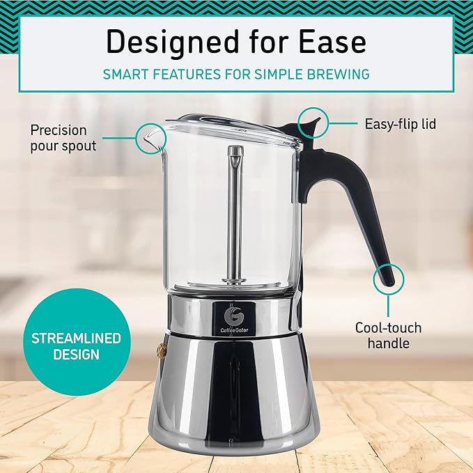 Coffee Gator 4 Cup Moka Pot, 6.7oz Stovetop Espresso Maker for Italian Coffee, Transparent Glass & Stainless Steel Design, Silver, 200ml